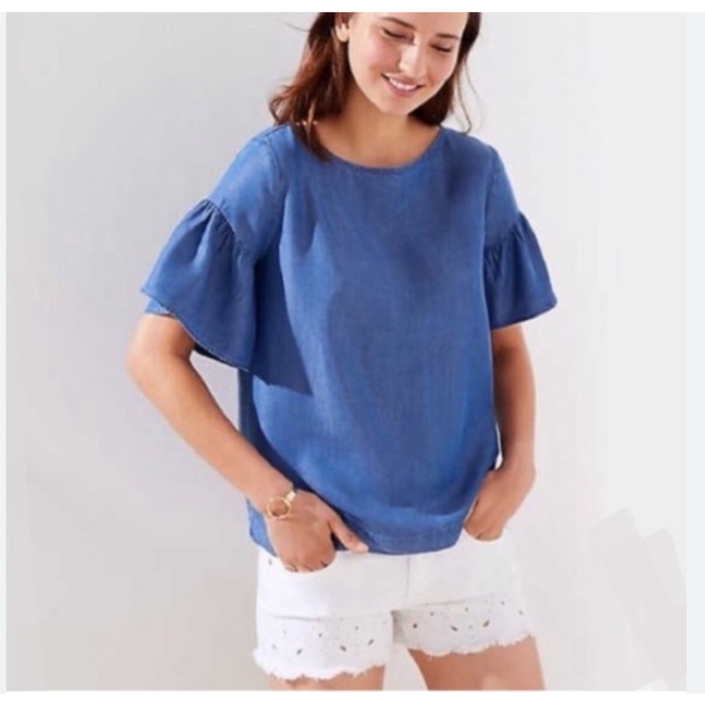 Loft Blue Chambray Classic Ruffle Size Medium 100% Lyocell Casual Coastal Travel